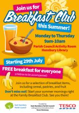 Start your day right with us! Pop into the Activity Room at Hunsbury Library between 9am and 10am for breakfast.

Welcome to everyone (children must be accompanied) - funded by the parish council with generous support from Tesco Mereway.